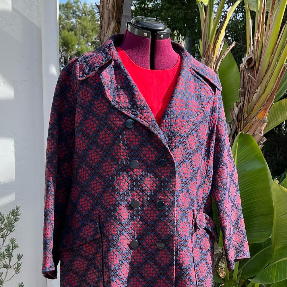 VINTAGE 1960s-1970s textural red & blue unlined double-breasted overcoat